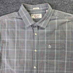 Penguin Munsingwear Shirt Mens XL Gray White Plaid Windowpane Preppy Casual VTG